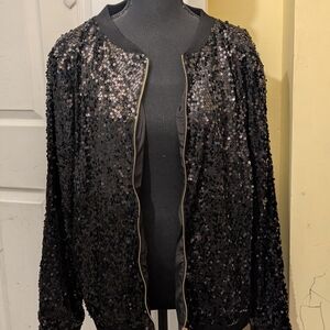 Black Sequin Bomber Jacket with Ribbed Waist